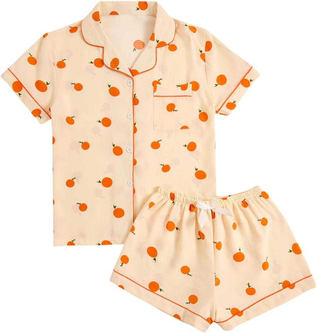 Verdusa Women's 2 Piece Pajama Sets Lightweight Fall Pajamas Cute Pj Set Button Shirt with Shorts Lounge Pjs (S)