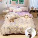 Purple Floral Duvet Cover Set Reversible 100% Cotton Duvet Cover King 3 PCS Chic Garden Bedding Set Soft Breathable Comforter Cover for All Seasons (Purple,King)