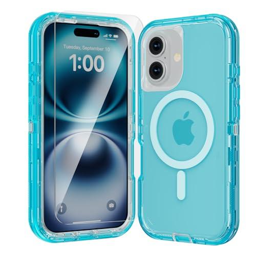 Luckwhale for iPhone 16 Plus Case, Fits Magsafe,Heavy Duty Shockproof Protection Phone Cases with Screen Protector*1, Magnetic Transparent Protective Cover for iPhone 16 Plus 6.7 '', Blue