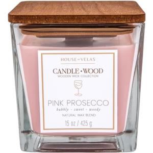 Candle Wood Collection, 15 oz, 1 Wooden Wick, Pink Prosecco, Square Glass Jar Candle