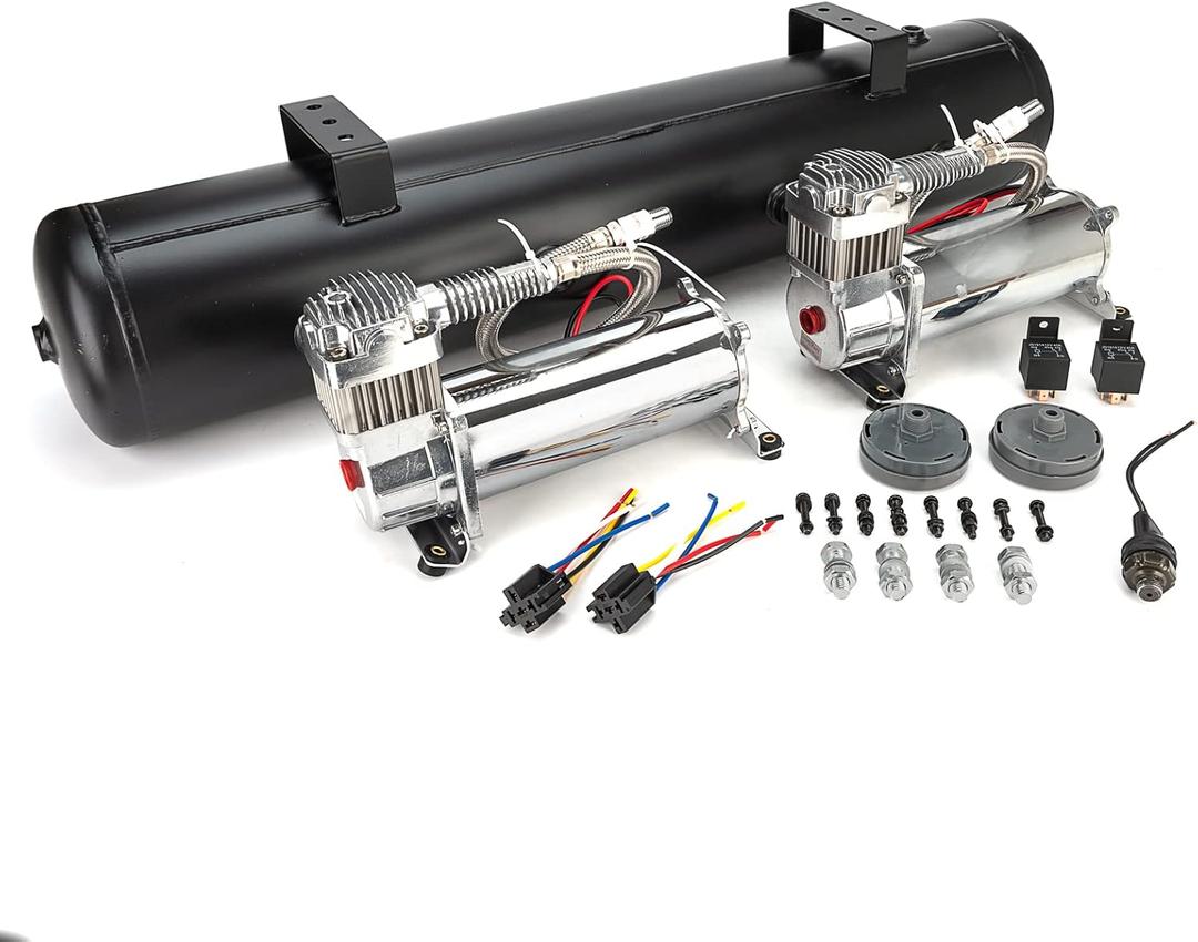 Chrome 580 Air Compressors System Kit 5 Gal Tank 180 Psi Off Switch & Relay For Air Ride Suspension Replace AI-AM-COM580