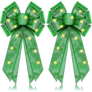 Giegxin 2 Pcs Large Dark Green Lighted Christmas Bows with Lights for Wreath and Tree Topper, 18x10 Inch Pre-Lit Wreath Bow Light up for Christmas Decorations for Front Door Windows Outdoor Indoor