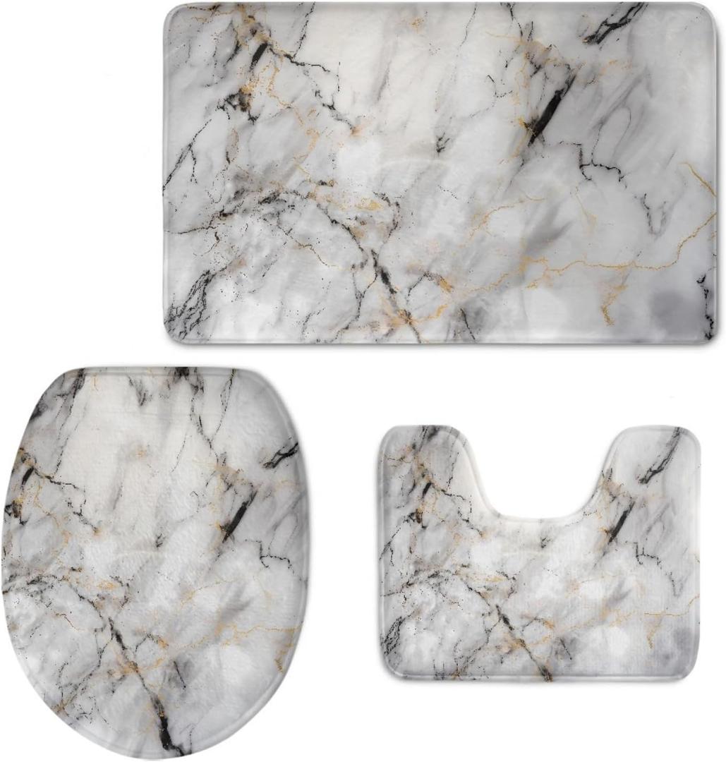 UNICEU Grey White Marble 3 Piece Bathroom Rug Set Includes Bath Rug, Contour Mat and Toilet Lid Cover, Machine Washable, Super Soft Microfiber & Non Slip Bath Rugs with Rubber Backing