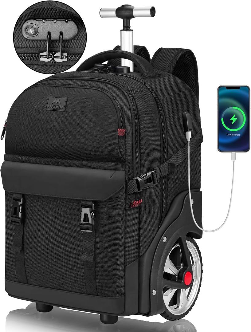 MATEIN Rolling Backpack for Adults with Wheels, 17 Inch Large Wheeled Backpack with USB Charging Port & Combination Lock, Water Resistant Anti Theft Travel Laptop Backpack for Men Work Business, Black