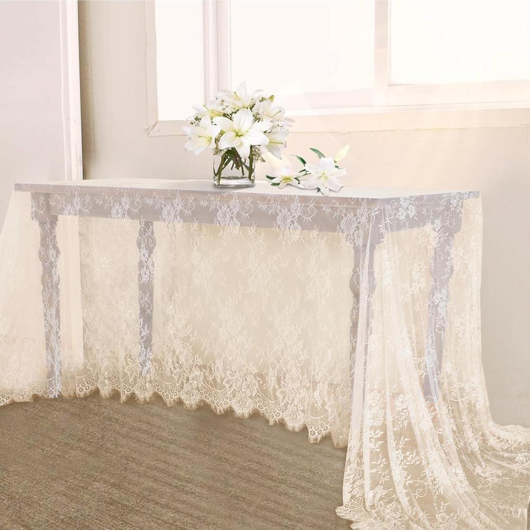 B-COOL Ivory Lace Tablecloth 60 X120 Inches Rectangle Vintage Embroidered Bridal Wedding Tablecloths Sheer Overlay for Rustic Outdoor Party Reception Home Decor