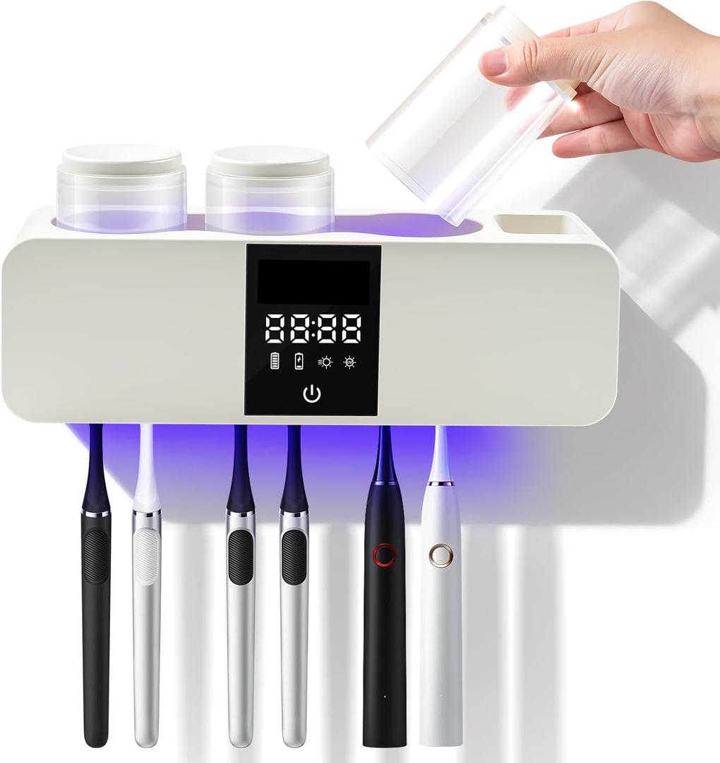 Wall-Mounted Smart Toothbrush Holder with Drying Function,Washroom Toothbrush Clean Holder No Drilling Required, with 3 Cups for Family (White)