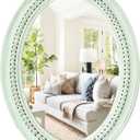 H HOMEWINS Oval Wood Rustic Mirror,20x30 Wooden Oval Decorative Mirrors,Farmhouse Wall-Mounted Green Beads Decor Mirror for Bedroom, Bathroom, Living Room,Vanity