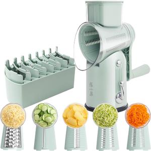 Rotary Cheese Grater Manual Hand Crank with 5 Blades & Suction Base, Kitchen Vegetable Shredder Slicer for Veggie, Nuts, Fruit, Green