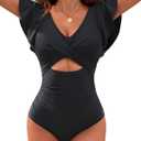 Womens One Piece Swimsuits - Tummy Control Bathing Suit Slimming Swimwear with Ruffle Sleeve (Small, Black)