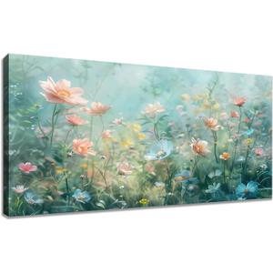 Tucai Decor Floral Canvas Wall Art Colorful Wildflowers Field Painting 20W x 40L inches Pink Blue and Yellow -Flowered Plants Art Prints Wall Decor for Living Room Bedroom Office Ready to Hang