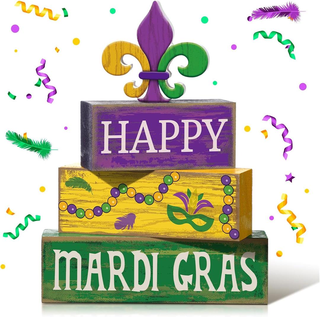 Moucuny 4 Pcs Mardi Gras Decorations Mardi Gras Wooden Sign Carnival Table Centerpiece Carnival Tiered Tray Decor Decorative Faux Book Stack Block for Masquerade Party Fireplace Mantel Shelf