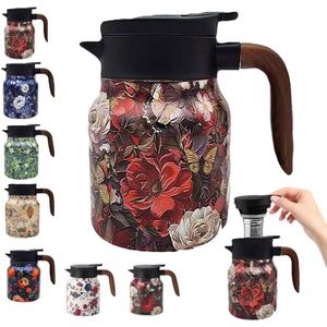Vintage Floral Pattern Tea Pots Built-in Infuser,Vintage Floral Teapot with Built In Infuser Stainless Steel Thermal Carafe with Lid for Hot Drinks,Red(Wooden handle,35oz)