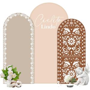 Chunful 3 Pcs Mexican Arch Backdrop Cover Baby Shower Photo Background Decor Vintage 2-Sided Round Top Backdrop Arch Cover for Mexican Wedding Birthday Fiesta Party Decoration 6 ft/5 ft/4 ft (Brown)