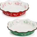 Cedilis Set of 2 Ceramic Pie Pan for Baking, 9 Inches Deep Dish Pie Plate, 47 Ounce Round Baking Dish for Apple & Pumpkin Pie, Red and Green