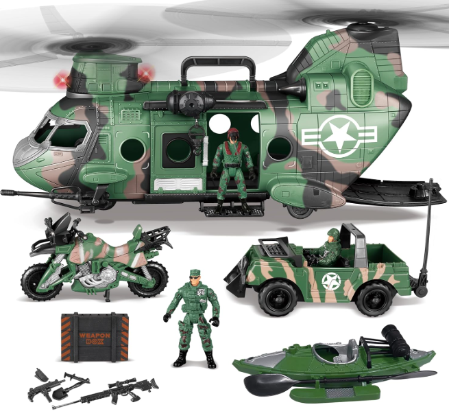 JOYIN 10in1 Military Helicopter Toys Set with Light, Sound, Trucks, Boat, Bike, Army Men, Weapons  Christmas Birthday Party Gifts for Kids