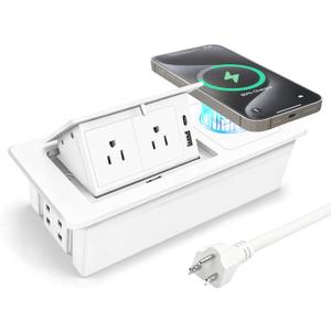 Conference Table Power Hub 15W Wireless Charger and PD20W Type-C Fast Charging, Pop up Outlet Desktop Connection Box with 2AC Outlets and USB Ports for Kitchen Countertop Conference Room, White
