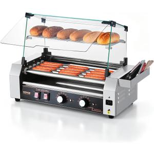 VEVOR Hot Dog Roller, 12 Hot Dog 5 Rollers, Stainless Steel Sausage Grill Cooker, 750W Commercial Hot Dog Machine with Dual Temp Control, Cover, Side Storage Box, Removable Shelf & Oil Drip Tray