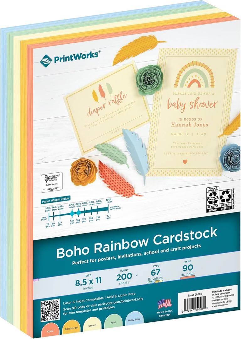 PrintWorks Boho Rainbow Cardstock 8.5" x 11" - 200 Sheets - 5 Assorted Boho Tones - Ideal for School & Craft Projects - 67 lb/147 gsm & 90 lb/165 gsm - Made in the USA - SFI® Certified (00605) Pack Of 2