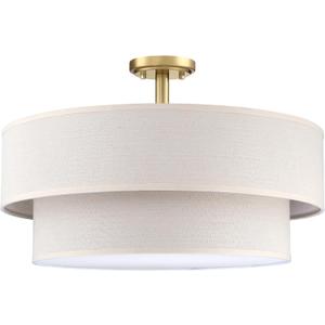 20 Inch LED 24W Adjustable 3000/4000/5000 2 Tier Drum Linen Fabric Shade Semi Flush Mount Close to Ceiling Light Fixture for Bedroom,Living Room,Dining Room Hallway(Gold)