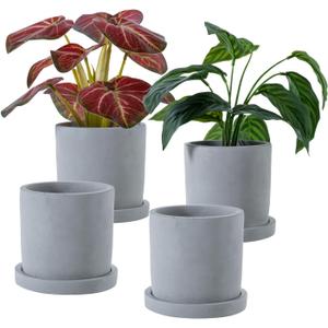 MyGift 4 Inch Unglazed Gray Concrete Planter, Cylindrical Cactus Herb Succulent Planter Pots with Removable Drainage Trays, Set of 4