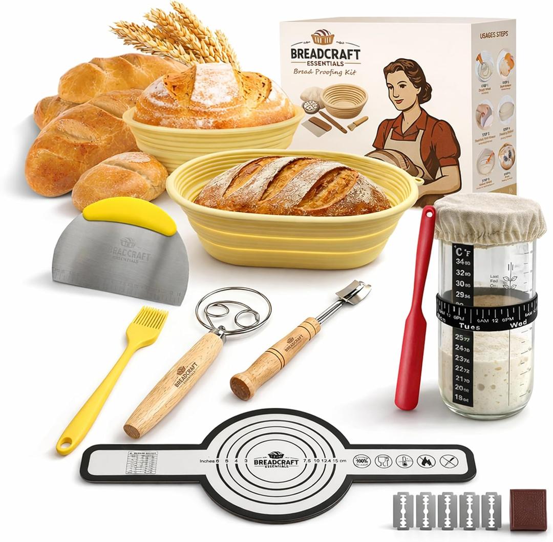 Breadcraft Sourdough Bread Proofing Basket Set, Complete Sourdough Bread Baking Kit, Non-Stick Silicone Banneton Basket (Pack of 2) with Bread Lame,Dough Whisk, Scraper & Silicone Mat