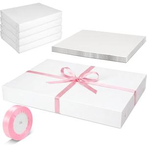 5 Set Full Sheet Cake Box 26 x 18 x 4 Inch with Cake Boards and Pink Satin Ribbon Large Rectangle Bakery White Bakery Boxes for Packaging Cupcakes Muffins Pie, 26 x 18.5 x 4 inches