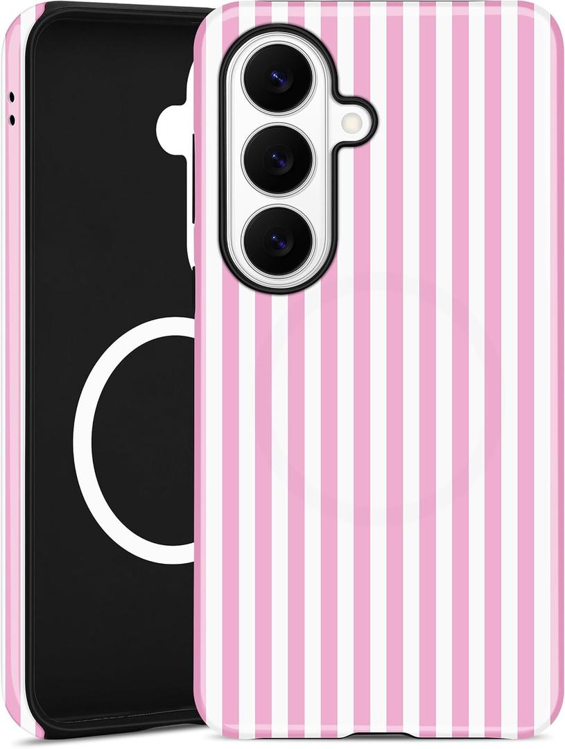 Compatible with MagSafe Striped Phone Case for Samsung Galaxy A15 5G, Cute Aesthetic Striped Magnetic Soft TPU and Hard PC Protective Phone Cover for Women Girls - Pink
