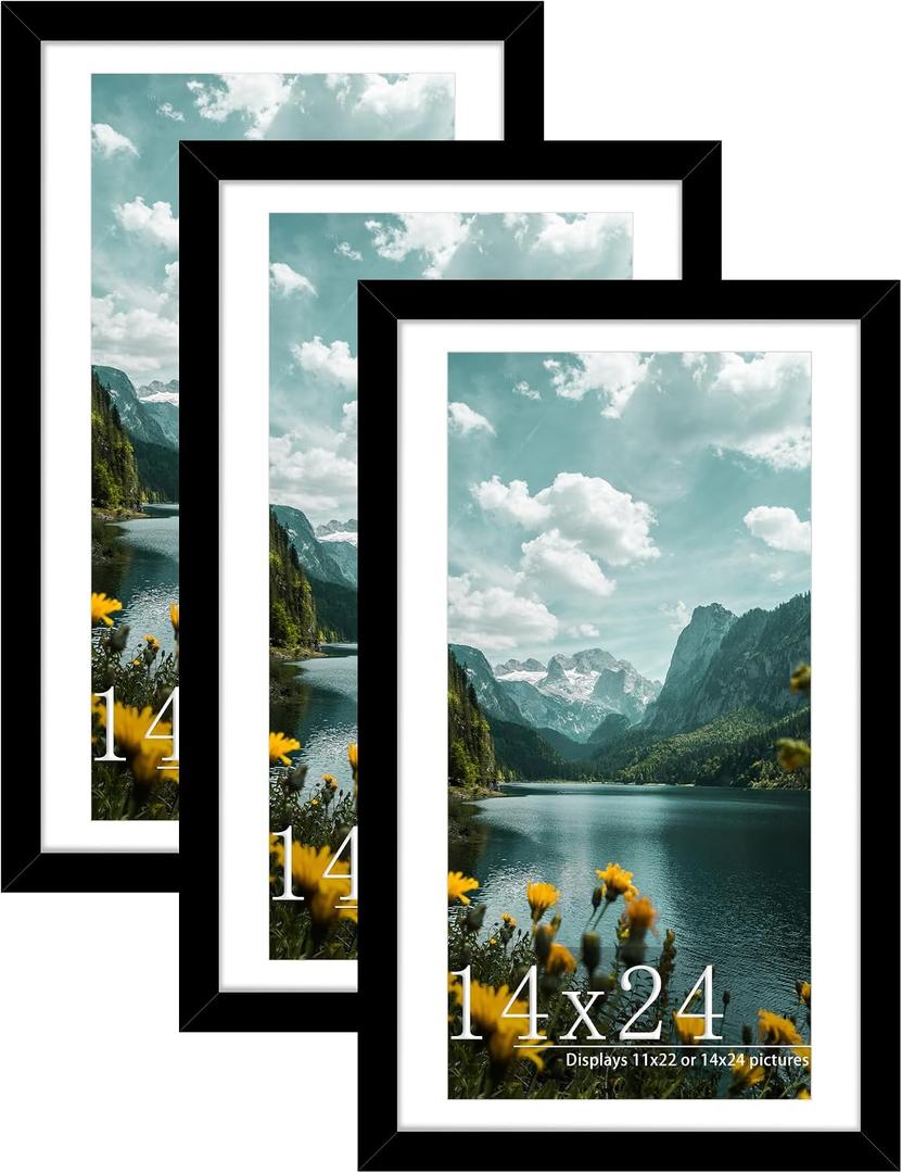 Picrit 14x24 Picture Frame 3 Pack, Black Poster Frame, Display Poster 11 x 22 with Mat or 14 x 24 without Mat for Horizontal or Vertical Wall Mounting