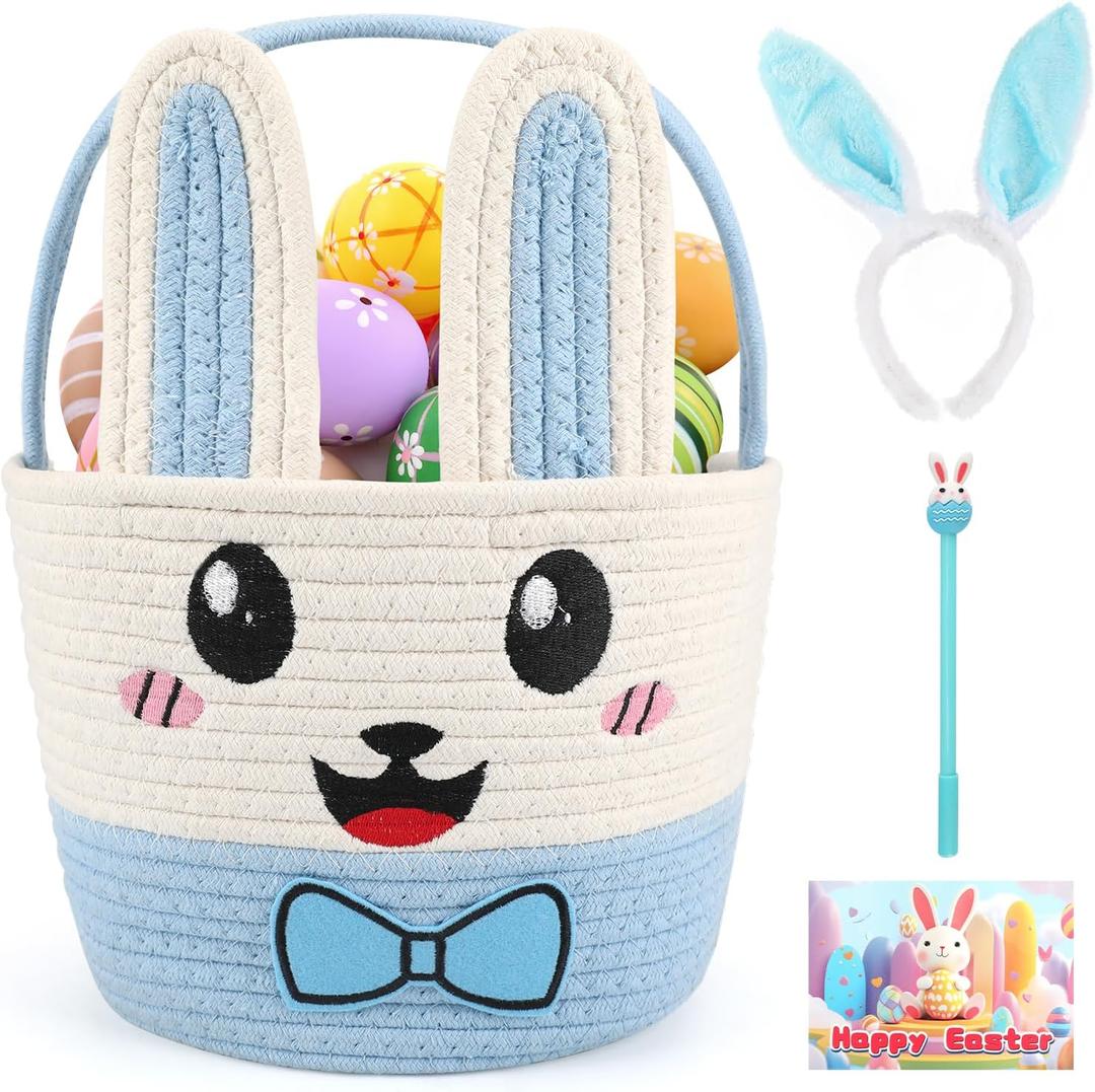 Easter Bunny Basket for Kids, Large Capacity Easter Egg Fillable Basket with Handle, Bunny Ears Colorful Woven Baskets for Boys, Girls, and Babies, Perfect for Easter Egg Hunts, Party