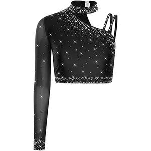 FEESHOW Women's Shiny Rhinestone Lyrical Dance Crop Tops Ballet Tops Latin Rumba Samba Ballroom Dance Costume Size L