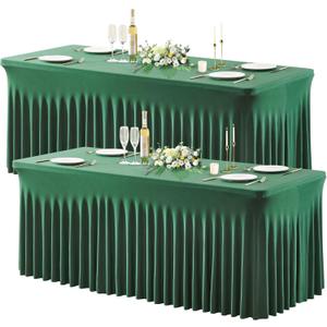 Wish Care 2 Pack Hunter Green Stretch Spandex Table Clothes for 6 Foot Rectangle Tables, 6FT Wrinkle Free Fitted Tablecloths Ruffles Design Table Cover for Party, Banquet, Wedding and Events