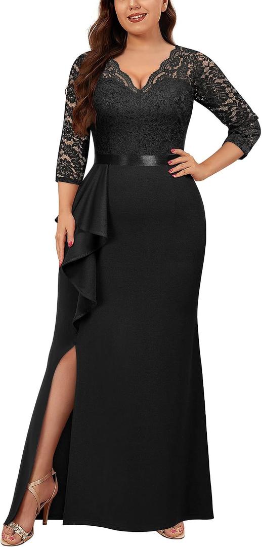 Miusol Women's Plus Size Vintage Formal Floral Lace Ruffle Slit V Neck Evening Party Elegant Maxi Dress X-Large Plus, Black