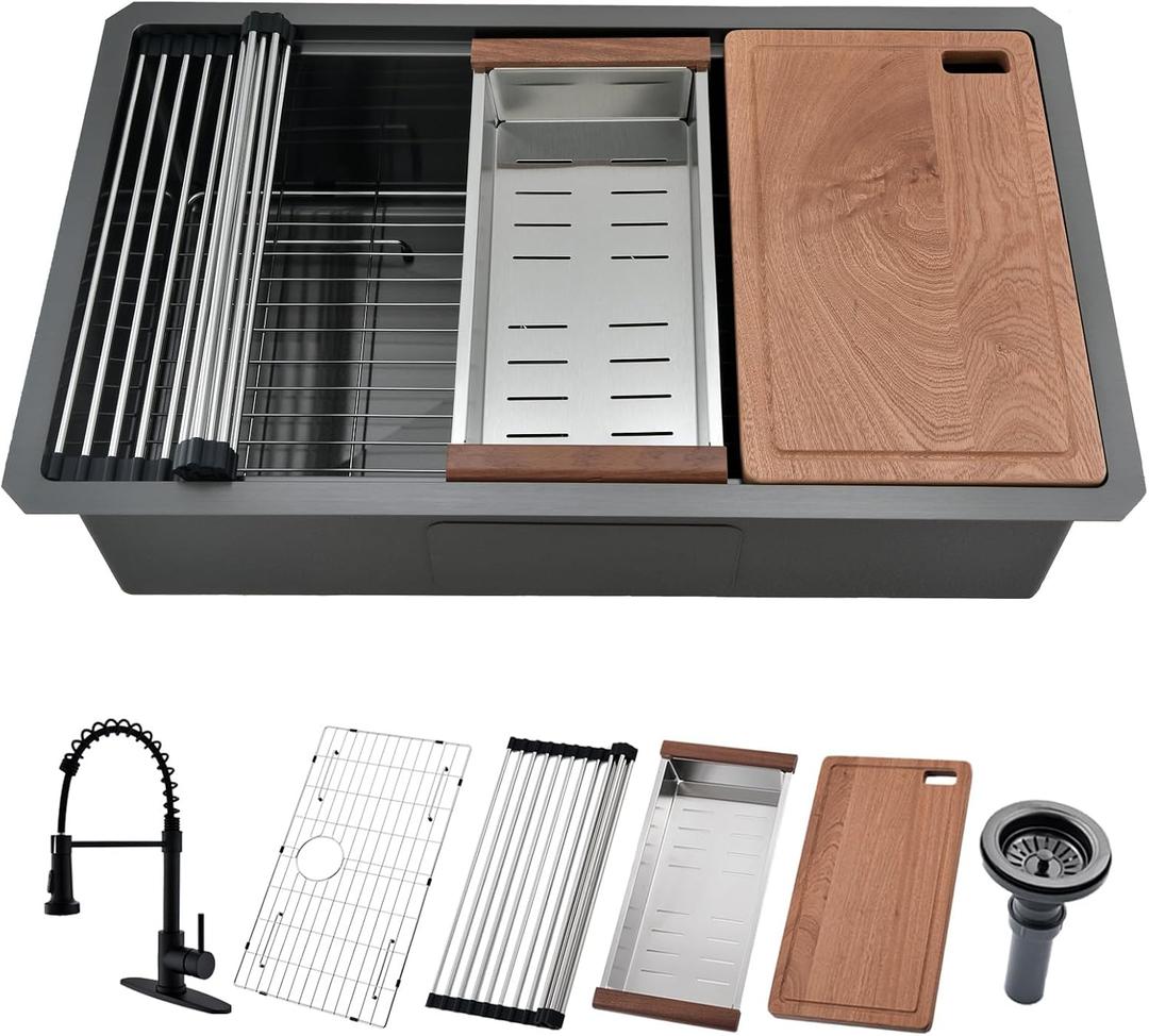 27 Inch Black Undermount Kitchen Sink with Faucet Combo - 27x19 Black Stainless Steel Workstation Sinks Single Bowl Kitchen Sink Undermount with Accessories