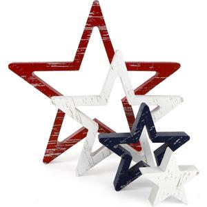 COCHIE 4th of July Decorations Stars Set of 4, Red White Blue Decor, Patriotic Memorial Day Star Tiered Tray Decor, Labor Day Fourth of July Decoration for Home Office Table Shelf (Retro Solid)