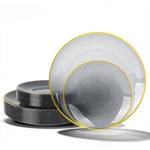 N9R 60PCS Black Plastic Plates with Gold Rim, Elegant Disposable Plates, Circular Ribbed Design, 30 Dinner & 30 Dessert Plate for Parties, Weddings, Halloween, Banquets and Events (Translucent Black)