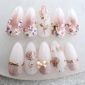 24Pcs Flower Press on Nails Medium Almond Fake Nails with Bow Rhinestones Designs Pink Acrylic Nails Glitter Glue on Nails Cute Floral False Nail Rose Flowers Stick on Nail for Women Nail Supplies