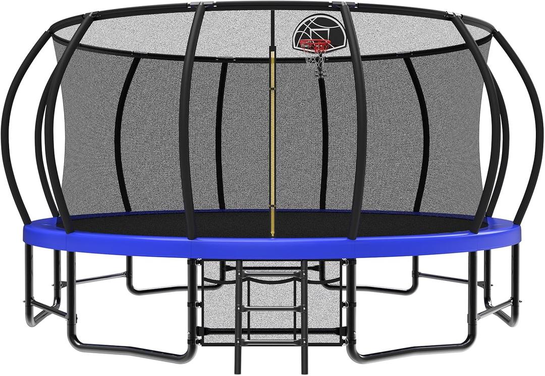 10 12 14 15 16FT Outdoor Trampolines for Kids and Adults, Pumpkin Trampoline with Curved Poles, Recreational Trampoline with Basketball Hoop and Safety Enclosure Net for Kids and Adults (Crystal Blue)