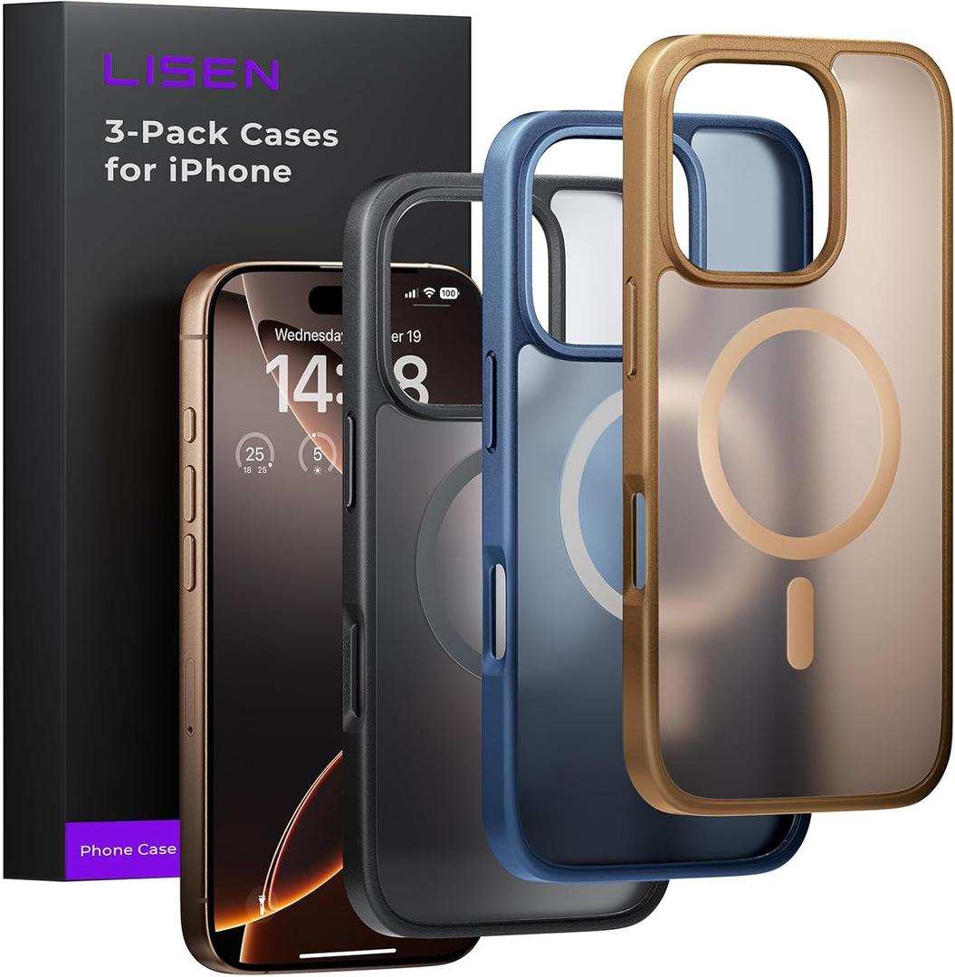 2 x LISEN 3 in 1 Magnetic Shockproof for iPhone 16 Pro Max Case Slim [Fit for MagSafe][Military Grade Protection] Translucent Matte Phone Case for i Phone 16 Pro Max, Black, Brown, Blue