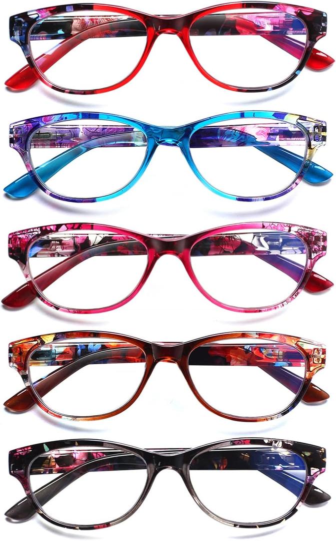 SIGVAN Ladies Cat Eye Reading Glasses 5 Pairs Blue Light Blocking Spring Hinge Fashion Pattern Print Readers for Women (Colorful, 2.00, Multiplier_x)