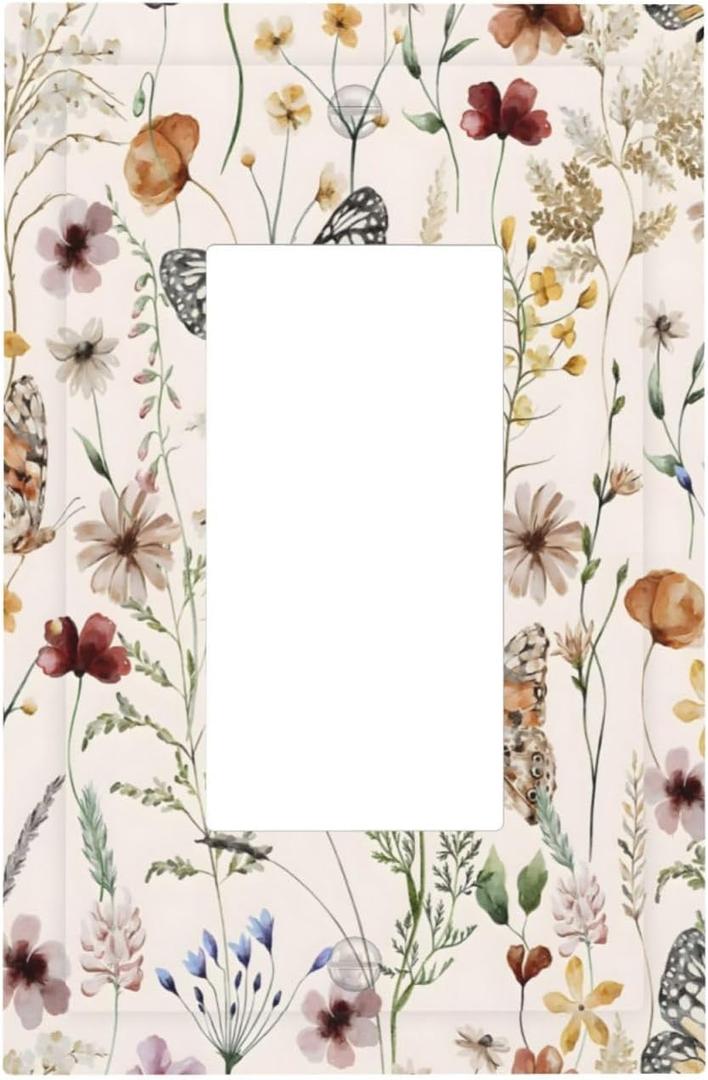 Boho Multicolor Flower Watercolor Floral Butterfly Decorative Outlet Covers 1 Gang Single Rocker Light Switch Cover Plate Wall Plates GFCI Faceplate for Bedroom Living Room Decor, Single Rocker / 5 X 3 IN