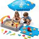 Excavator Sandbox for Kids with Lid and Umbrella, Working Digger, Dump Truck and 8 Sand Toys, Outdoor Construction Playset for Backyard and Beach, Ages 3+