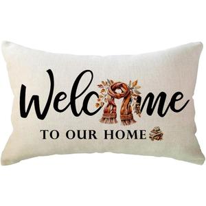 Fall Welcome Throw Pillow Covers 12 x 20 Inch Farmhouse Autumn Seasonal Holiday Decorative Lumbar Pillowcases Scarf Maple Leaves Cushion Covers for Front Porch Decor Housewarming Gifts (Brown)