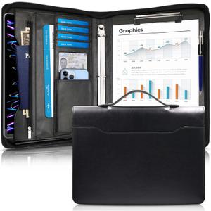 Faux Leather Portfolio Binder with Handle & Clipboard, Zippered Padfolio Folder Organizer 3 Ring Binder for Document, Business Card Holder, Professional Portfolio Notebook for Men & Women (Black)