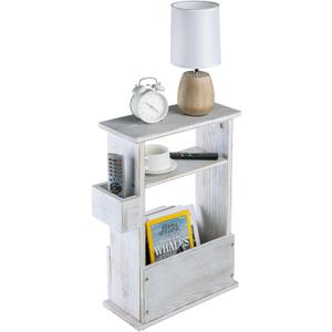 MyGift Wide Side Table, Slim End Sofa Table in Whitewashed Wood with Storage Shelf, Magazine and Remote Holder, Narrow Side Table