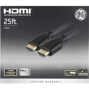 GE 25ft 4K HDMI 2.0 Cable with Ethernet, Gold-Plated Connectors, Black, 48723, New
