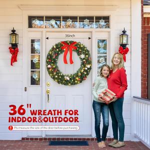 VINGLI Pre-lit Artificial Christmas Wreath for Front Door, Windows, Green Christmas Wreath Decorations with Forested Branches, Xmas Wreath w/Bow, Pine Cones, Ornaments, Remote Control, Timer, 36 Inch