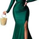 Vakkest Women's Off Shoulder Prom Evening Gowns Sexy High Split Maxi Dress Long Sleeve Cocktail Wedding Guest Dresses (Large, Green)