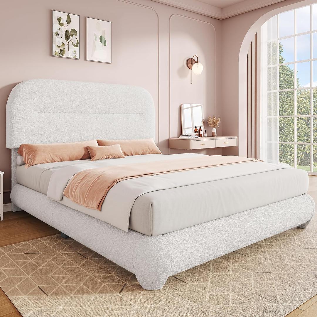 DWVO Queen Size Bed Frame, Velvet Upholstered Platform Bed Frame with Height-Adjustable Headboard, Soft Cloud Bed with Footboard, Rounded Corners, No Box Spring Needed, Easy Assembly, White