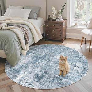 Soalmost 5x5 Blue/Grey Round Rug 5ft Living Room Circle Rug Vintage Round Area Rug Non Slip Indoor Carpet for Entryway Dining Room Bedroom