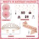 80th Birthday Decorations for Women - Rose Gold 37Pcs Golden Years Celebration Party Kit with Banner, Backdrop, Tiara, Sash, Cake Topper, Latex Balloons, Hanging Swirls, Centerpieces | Party Supplies